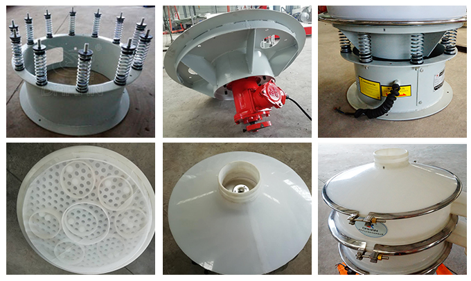 塑料振動(dòng)篩彈簧底座安裝，振動(dòng)電機(jī)安裝，篩網(wǎng)，防塵蓋等安裝圖片展示